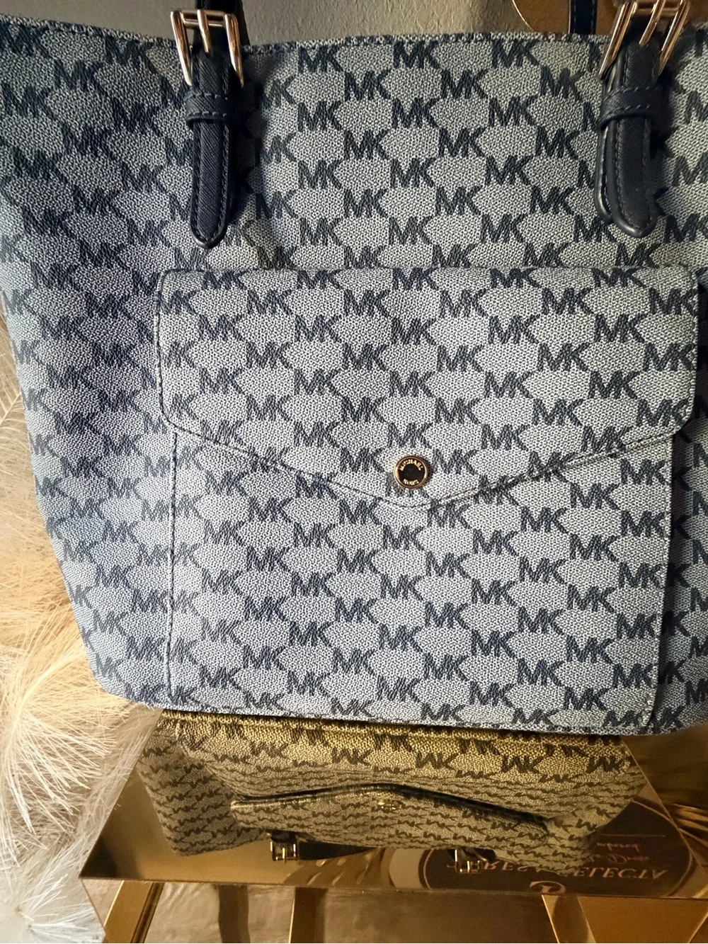 Michael Kors Jet Set Blue MK Monogram Jacquard Flap Pocket Tote Bag